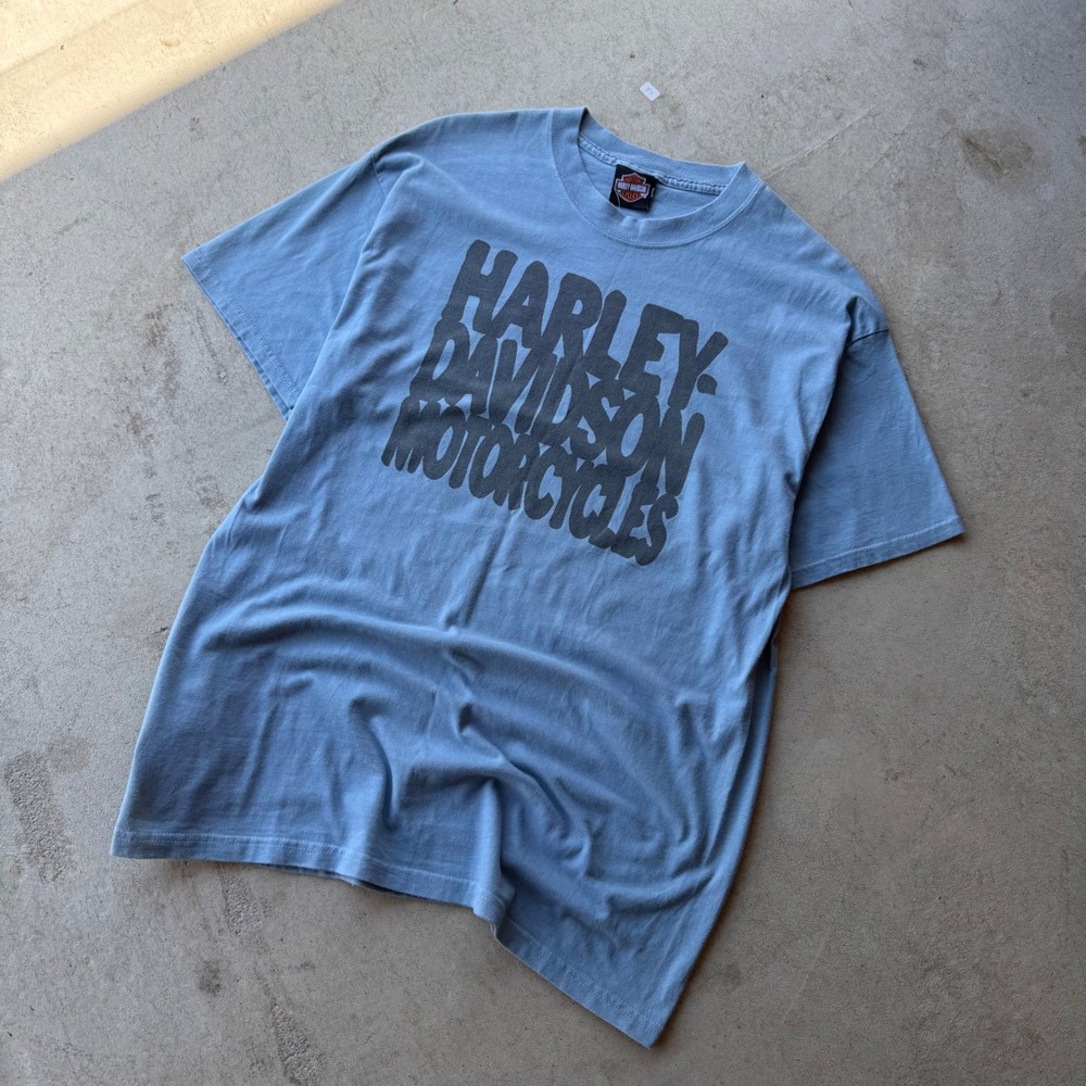 2000s Mens Harley Davidson‎ Frieze O'Fallon IL Faded Blue Biker T-Shirt XL